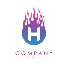H letter logo with purple flames design in a fireball. Fire icon lettering concept vector illustration, eps10.
