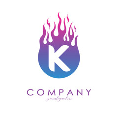 K letter logo with purple flames design in a fireball. Fire icon lettering concept vector illustration, eps10.
