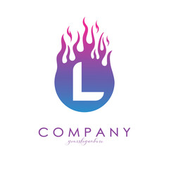 L letter logo with purple flames design in a fireball. Fire icon lettering concept vector illustration, eps10.
