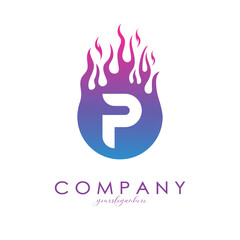 P letter logo with purple flames design in a fireball. Fire icon lettering concept vector illustration, eps10.
