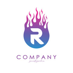 R letter logo with purple flames design in a fireball. Fire icon lettering concept vector illustration, eps10.
