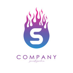 S letter logo with purple flames design in a fireball. Fire icon lettering concept vector illustration, eps10.
