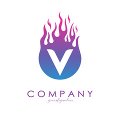 V letter logo with purple flames design in a fireball. Fire icon lettering concept vector illustration, eps10.
