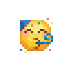 Partying face. Smiling emoticon, emoji, smiley. Pixel art style. Funny cartoon character. Web icon. Facial expression. 8-bit style. Isolated abstract vector illustration.