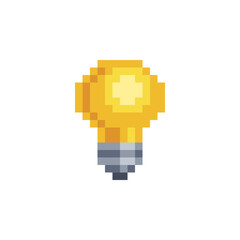 Obraz premium Light Bulb pixel icon. Video game 8-bit sprite. Isolated vector illustration. Symbol, logo, sticker design.