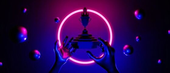 Fototapeta premium hand backgound video game of esports champion cup, scifi gaming cyberpunk, vr virtual reality simulation and metaverse, scene stand pedestal stage, 3d illustration rendering, futuristic neon glow room