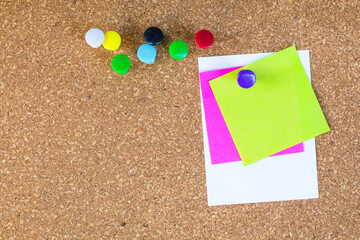 abstract paper note pin on cork board. cork board with blank notes. sticker note