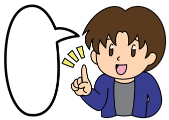 シンプルな丸吹き出しと人差し指を立てる男性　その1