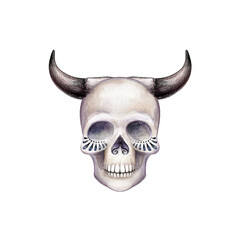 Human scull with horns. Watercolor tribal spiritual illustration. Devil clip art isolated on white background