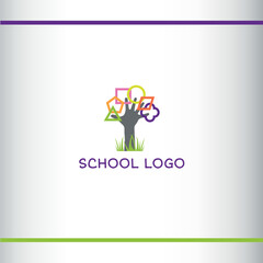 Logo for School and kindergarten. Hand and Shapes. Tree shape. Vector Logo Design Template.