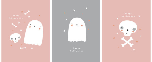 Cute Hand Drawn Halloween Cards. Little White Ghost on a Pastel Pink and Light Gray Background. Happy Halloween. Sweet Little Ghost, Bones, White Funny Skulls and Stars. Set of Kawaii Style Prints.