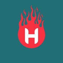 H letter icon with red flames design in a fireball. Fire logo design concept, vector illustration.