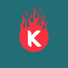 K letter icon with red flames design in a fireball. Fire logo design concept, vector illustration.