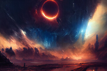 Apocalyptic scifi scene of an epic destroyer machine burning the land, digital illustration