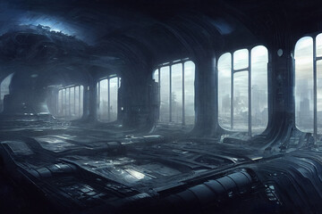 Futuristic building interior or hangar in scifi world