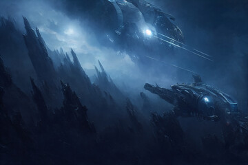 Space battleships flying in unknown planet environment, digital illustration and gaming art