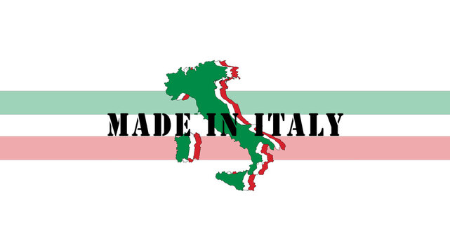 italy: graphics of the Italian tricolor, made up of several shapes of Italy, one for each color. Background band shaded by the colors associated with the words "made in Italy".