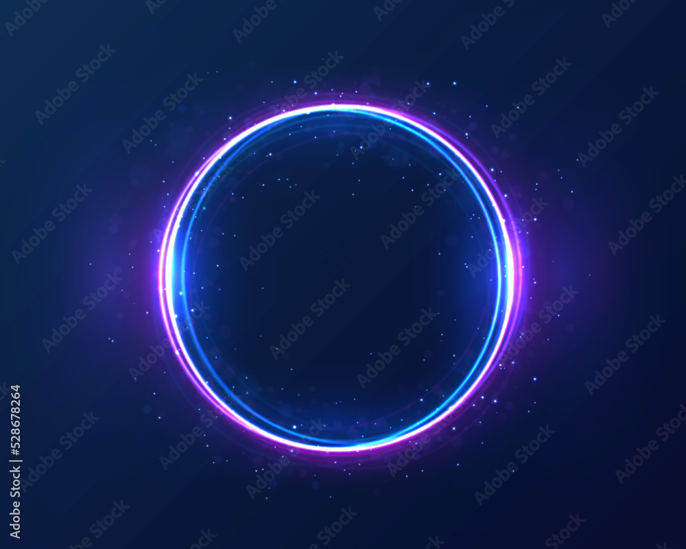 Poster purple electric light for banner. round circle picture frame with two tone neon color shade motion g