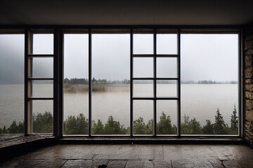 Naklejka premium Modern stone houses stunning window view on a lake on a rainy day
