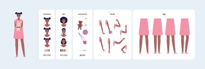 Character diy kit. Vector flat design people illustration. Woman constructor element set. African young girl avatar with various emotion, hair, skin, accessories, hand and leg construction elements