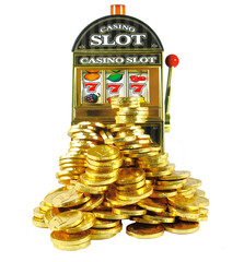 retro slot machine with 777 and lots of gold transparent  - 528678631