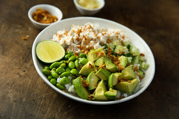 Homemade chicken bowl with avocado