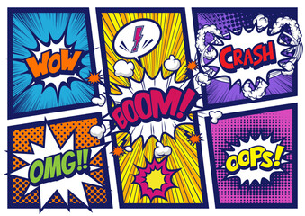 Naklejka premium アメコミ風コマ割り素材 pop art comics book magazine, speech bubble, balloon, box message