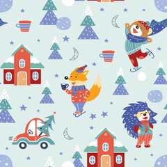 Seamless pattern. Winter sports. Cute cartoon foxe, hedgehog and bear.