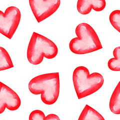 red watercolor hearts seamless pattern isolated on white