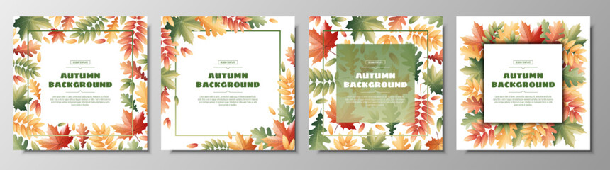 Set of backgrounds with autumn leaves of maple, oak, rowan. Autumn vector illustration. Suitable for postcards, banners, posters.