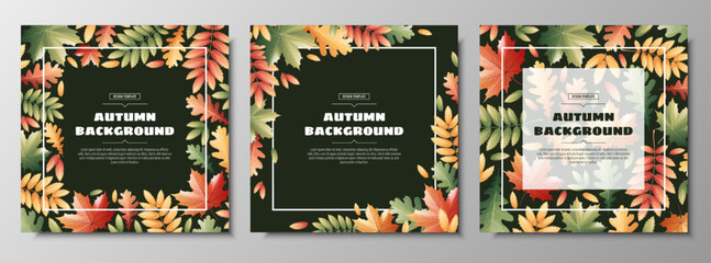 Set of cards with autumn leaves on a green background.Autumn illustration. Background, poster, flyer square shape.