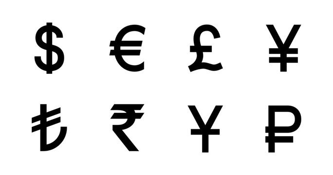 Main bold currency signs dollar euro pound yen rupee ruble lira. Vector