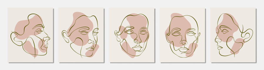 Set of vector posters with illustration of woman’s line art faces. Modern one line drawings with blobs, pastel colors. Sisterhood and Feminism. Illustration for web and print.