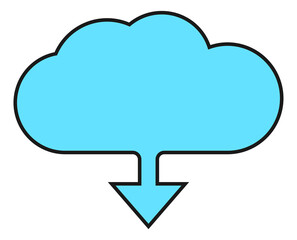 Cloud with blue downward arrow. Data download icon