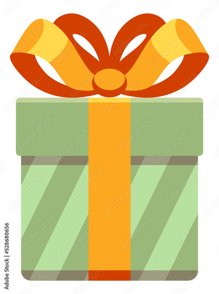 Poster green present box in striped wrapping paper with golden bow. gift icon