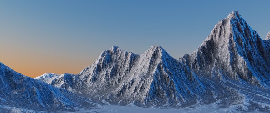 3d rendering, abstract panoramic background. Terrain landscape, rocky mountains fantasy wallpaper