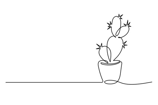 Continuous line drawing house plant black and white sketch cute cactus isolated on white background Hand drawn illustration single line