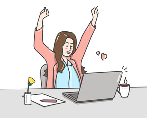 Business woman works on a laptop, woman raising hands happy at work. PNG