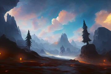 Mountains, Snow and Burning Ground, Fantasy Fiction Digital Art Illustration, CG Artwork For Video Games - obrazy, fototapety, plakaty