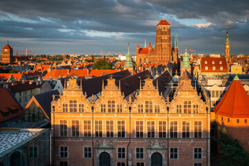 Beautiful architecture of the Main Town of Gdansk in the rays of the setting sun. Poland