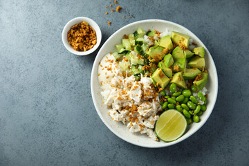 Homemade chicken bowl with avocado