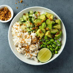 Homemade chicken bowl with avocado