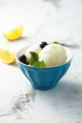 Homemade lemon sorbet with fresh mint