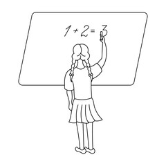 The schoolgirl writes on the blackboard with chalk. Sketch. A student solves a math problem. Vector illustration. Girl with pigtails view from the back. School theme. Coloring book. Doodle style. 