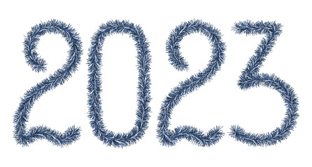 Tinsel. 2023. Lettering from a festive Christmas decoration. Fluffy blue numbers. Vector illustration. Isolated white background. Cute plush message. coming year. Rustling lettering.