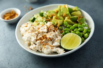 Homemade chicken bowl with avocado