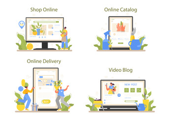 Florist online service or platform set. Floral designer growing plants