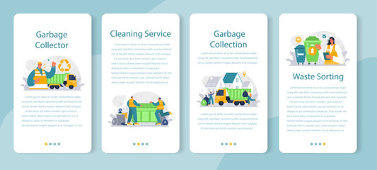 Grabage collector mobile application banner set. Cleaning worker emtying - obrazy, fototapety, plakaty
