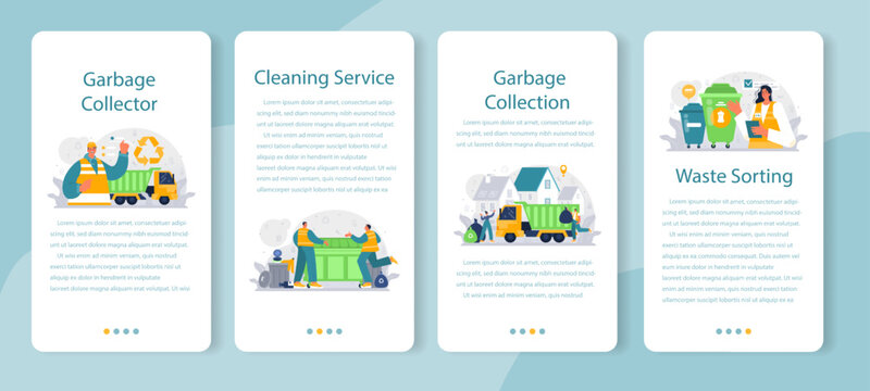 Grabage collector mobile application banner set. Cleaning worker emtying