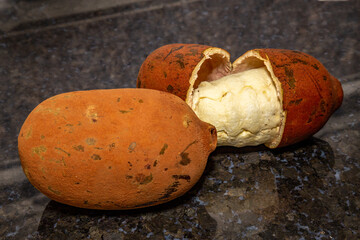 Ripe cupuaçu fruit (Theobroma grandiflorum) opened showing the seeds and the husk of the fruit....